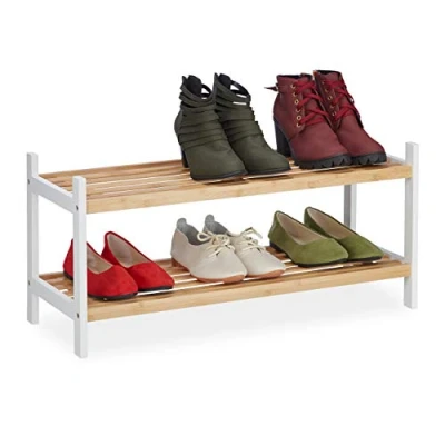 Image of Relaxdays Rack with 2 Levels, up to 6 Pairs of Shoes, Bamboo and Birch Wood, H x W D 33 70 26 cm, Natural/White
