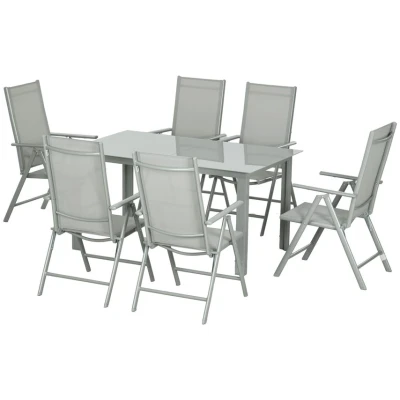 Image of Outsunny 7 Piece Garden Dining Set, Outdoor Table and 6 Folding Reclining Chairs, Aluminium Frame, Tempered Glass Top Table, Texteline Seats, Grey