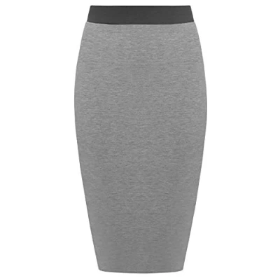 Image of Womens Pencil Stretch Tube Wiggle Ladies Contrast Elasticated Waistband Fit Bodycon Plain Office Midi Skirt Dark Grey Size 20 22 (XXL)