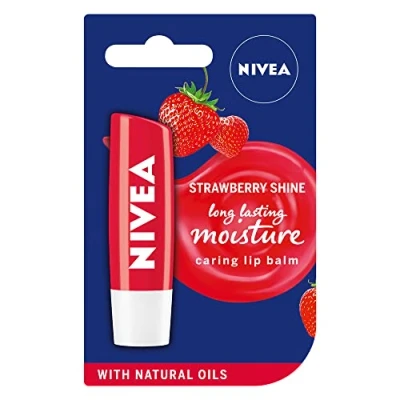 Image of NIVEA Lip Balm Fruity Shine Strawberry (4.8g, Pack of 12), Moisturising Enriched with Natural Oils, Shimmery Gloss for Girls 24h Hydration, Care