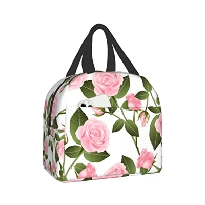 Image of XqmarT Pink Rose On White Lunch Bag Insulated Box Durable Cooler Thermal Waterproof Tote