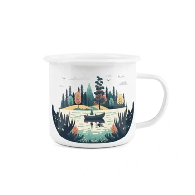 Image of Forest Lake Enamel Mug Camping Gift Durable Hot Drinks White Outdoor Cup Travel Picnics Home Hiking