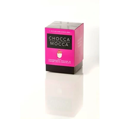 Image of Chocca Mocca Real Strawberries Dressed in Creamy White Chocolate Beautiful Presentation Box Cube 100g, Deliciously indulgent Treat, Great Gift, Luxurious Quality Made Britain