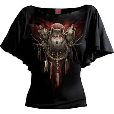 Image of Spiral Cry of The Wolf Boat Neck Bat Sleeve Top Black 3XL