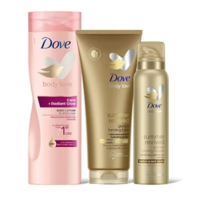 Image of Dove Derma Spa Summer Revived Medium to Dark Self Tanning Body Lotion, DermaSpa Gradual Tan Mousse &amp; Skin Glow Oil in Milk Lotion and Maintain