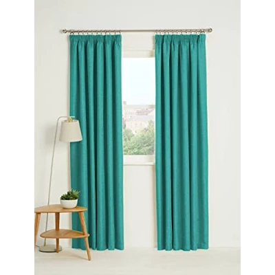 Image of Kinfolk Textile Blackout Thermal Pencil Pleat Tape Top Insulated Pair of Curtains Including 2 Tiebacks (Teal, 46&quot; x 54&quot;)