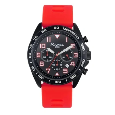 Image of Ravel Plus Men&#039;s 46mm Black Chronograph Sports Watch with Silicone Strap 5ATM Japanese Analogue Quartz RP.CHR.001M Red