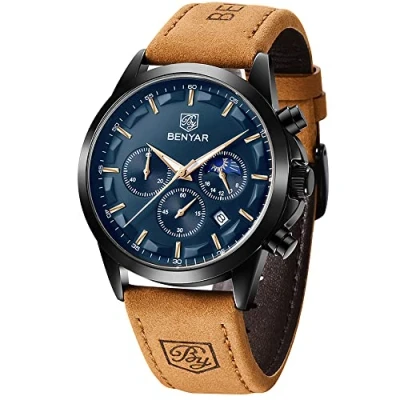 Image of BY BENYAR Watches for Men Chronograph Waterproof Men&#039;s Wrist Business Work Casual Sport Fashion Brown Leather Mens Dress Watch Unique Elegant Gifts