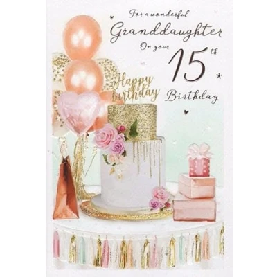 Image of ICG Wonderful Granddaughter 15th Birthday Card Age 15 Sparkly Celebration Cake and Balloons Embossed with Foil Details