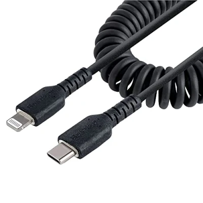 Image of StarTech.com 1m (3ft) USB C to Lightning Cable, MFi Certified, Coiled iPhone Charger Black, Durable TPE Jacket Aramid Fiber, Heavy Duty Coil Cable (RUSB2CLT1MBC)