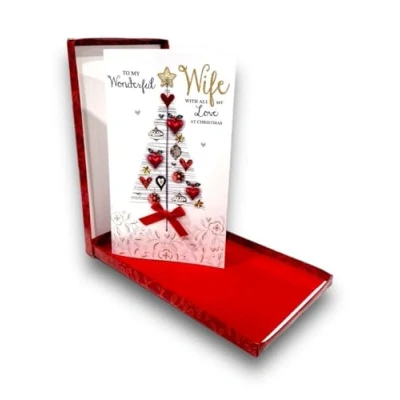 Image of Wonderful Wife Christmas Card Handmade Glittered Ribbon Boxed Lavish Luxury Box TREE One Size Second Nature XLB044A