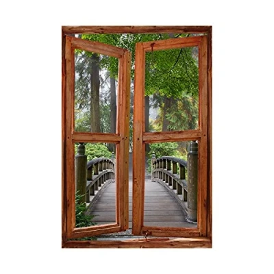 Image of TATOUTEX Stickers Trompe L &#039;Oeil Window Bridge In Forest, 100cm x H 150cm