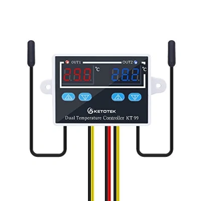 Image of KETOTEK Digital Temperature Controller 220V Heating Cooling with 2 Dual NTC Waterproof Probes Sensors, Freezer Fridge Aquarium Thermostat Control Switch