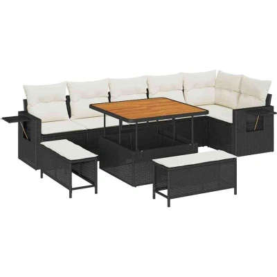 Image of vidaXL 9 Piece Garden Sofa Set with Cushions Black Poly Rattan Acacia
