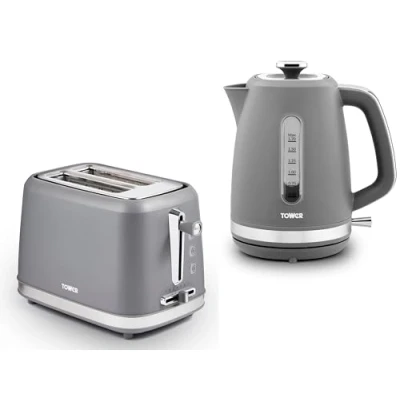 Image of Tower Odyssey Grey 1.7L Kettle &amp; 2 Slice Toaster. Matching Toaster Set in with Chrome Accents