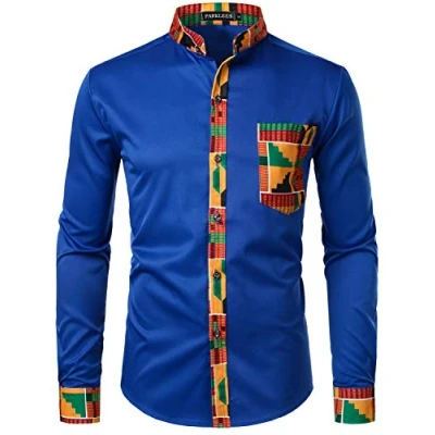 Image of PARKLEES Men&#039;s African Dashiki Tribal Graphic Patchwork Long Sleeve Printed Grandad Collar Shirt PZZCL46 Royal S