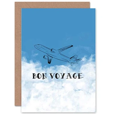 Image of Wee Blue Coo Personalised Bon Voyage Aeroplane Drawing In Clouds Greeting Card For Anyone All Man Woman Farewell