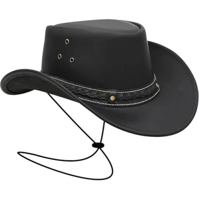 Image of BRANDSLOCK Cowboy Hat Women Men Real Leather Western Style Wide Brim Cowgirl Shapeable Lightweight Handcrafted Durable Bush Black