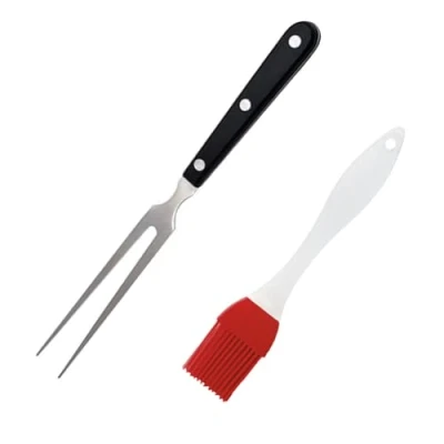 Image of 1 Long Handle Barbecue Fork and Oil Brush, Tools, Stainless Steel Food Fork, Cooking Multi Purpose