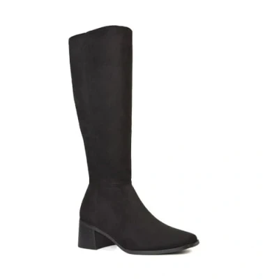 Image of ESSEX GLAM Women&#039;s Square Toe Knee High Boots Low Heel Ladies Black Faux Suede Zip Calf Long Booties Size 5