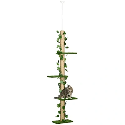 Image of PawHut 242cm Floor to Ceiling Cat Tree for Indoor Cats with Leaves, Height Adjustable Climbing Tower Scratching Post, Anti Slip Kit Green