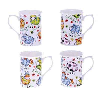Image of HAND DECORATED SET OF 4 BONE CHINA BEAKERS/ MUGS CRAZY FARM CHINTZ PRESENTATION GIFT BOXED lovely gift, KIRSTY JAYNE CHINA,