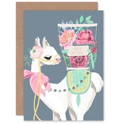 Image of Wee Blue Coo Llama with Bow and Flower Basket Happy Birthday Sealed Greeting Card Plus Envelope Blank inside