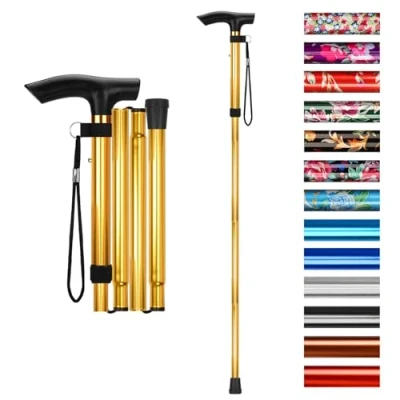 Image of supregear Folding Walking Stick, Adjustable Collapsible Stick Lightweight Portable Balancing Aid Travel Cane for Elderly Adults Men Women, Gold