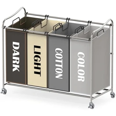 Image of Simple Houseware 4 Bag Heavy Duty Laundry Sorter Rolling Cart, Silver/Assorted Bags