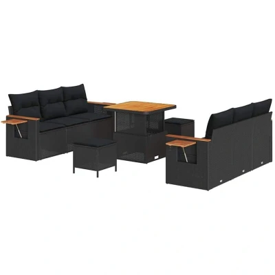 Image of vidaXL 9 Piece Garden Sofa Set with Cushions Black Poly Rattan Acacia