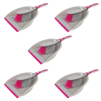 Image of Kleeneze COMBO 5124 Deluxe Space Saving Dustpans &amp; Brushes, Set of 5, Grey/Pink