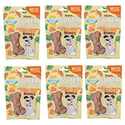 Image of GOODBOY SUPER LICIOUS NATURAL MEAT DOG PUPPY TREATS CHEW BONES TREATS, CHICKEN WITH APPLE &amp; CRANBERRY, BROCCOLI SWEET POTATO (CHICKEN POTATO, 6 PACK)