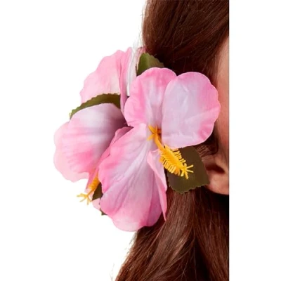 Image of Smiffys Hawaiian Flower Hair Clip, Pink , Luau Fancy Dress, Dress Up Accessories