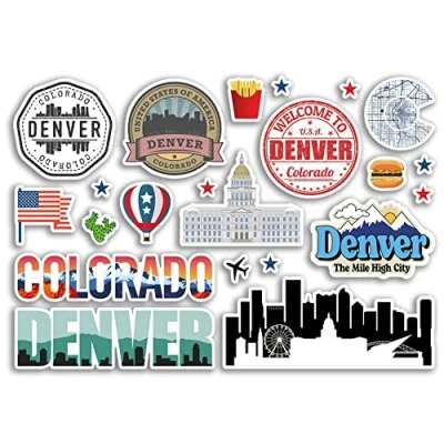 Image of A5 Sticker Sheet Denver Landmarks Vinyl Stickers Colorado America States USA American Airport Stamps Skyline Flag Map Travel Holiday Scrapbooking City Luggage #79149