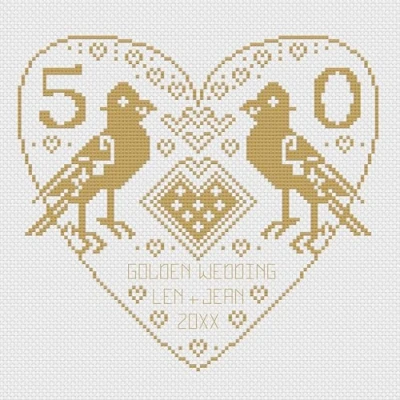 Image of Love Birds Golden Wedding Anniversary Sampler Cross Stitch Kit