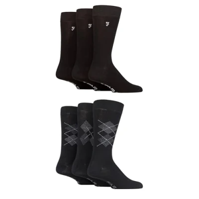 Image of Farah Mens Patterned Bamboo Socks Plain, Argyle for Everyday Wear, Suit Socks, Soft Breathable Cooling, 6 Pair Multipack Size 11 Black