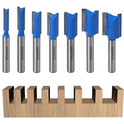 Image of WSOOX 7 PCS Tungsten Carbide Double Flute Straight Router Bit Set with 8mm Shank, Milling Cutter bits for Woodworking Groove Chisel