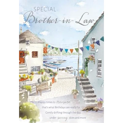 Image of Noel Tatt Special Brother in Law Birthday Card Coastal Boat Scene with Sentiment Poem Eco Friendly and Recyclable