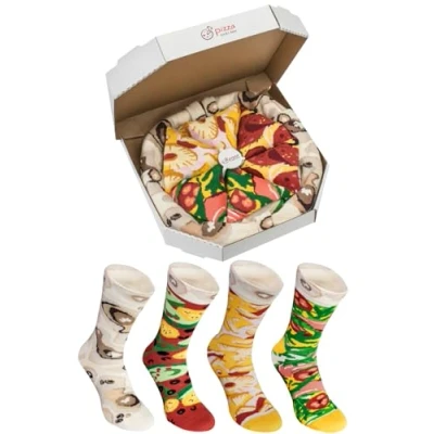 Image of Rainbow Socks Man Woman Pizza Box Mix Italian Hawaii Pepperoni 4 Pairs Size 7