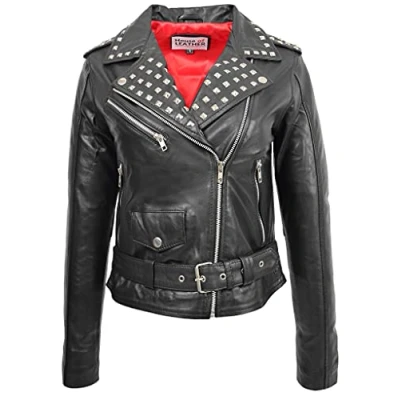 Image of Womens Real Leather Biker Jacket Classic Brando Studded Collar Salma Black (8)