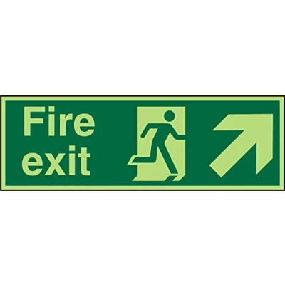 Image of Seco Fire Exit Exit, Man Running Right, Arrow Pointing Up &amp; Right Sign, 450mm x 150mm Photoluminescent Self Adhesive Vinyl