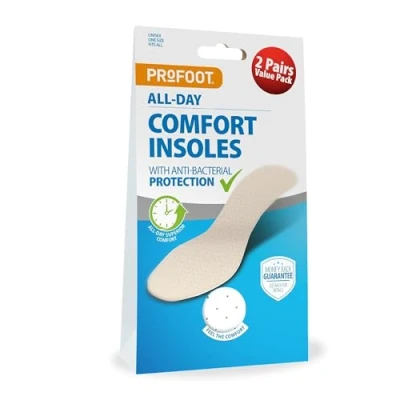 Image of Profoot All Day Comfort Insoles Anti Bacterial Protection Ideal for Foot Discomfort Unisex with Superior Transferable Between Shoes Washable and Reusable Pack of 2