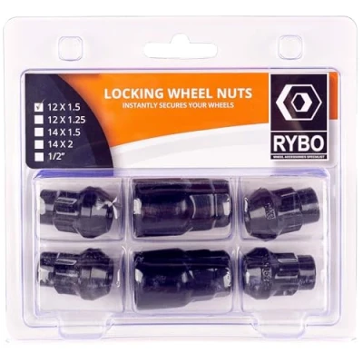 Image of RYBO Set of 4 Black Alloy Wheel Locking Nuts, M12 x 1.5 (2 Keys)