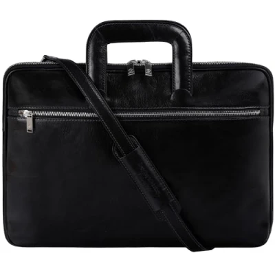 Image of Time Resistance Leather Briefcase Real Slim Laptop Messenger Bag Black Unisex