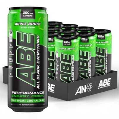 Image of Applied Nutrition ABE Pre Workout Cans All Black Everything Energy + Performance Drink, Carbonated Beverage Sugar Free with Caffeine (Pack of 12 x 330ml) (Apple &amp; Elderflower)
