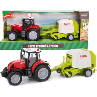 Image of Toyland® 37cm Red Tractor &amp; Trailer With Lights Sound Kids Farm Toys (Tractor Bales)