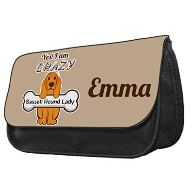Image of Personalised Crazy Basset Hound Lady Themed Funny Pencil Case. Make up case, Back to School Gift.