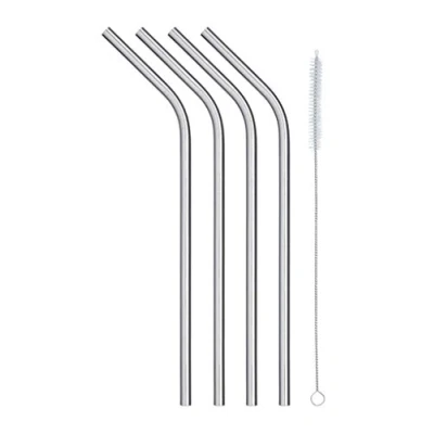 Image of KitchenCraft Reusable Drinking Straws with Straw Cleaner Brush, Stainless Steel, 20 cm (5 Piece Set)
