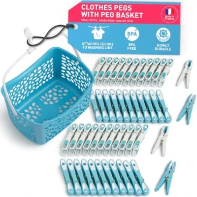 Image of culiclean Clothes Pegs for Washing Line with Basket Strong Soft Grip 40 pcs &quot;Soft Clips&quot; + 1 Peg Basket, Laundry blue white Handle