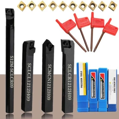 Image of VeYocilk Lathe Boring Bar Set:S12M SCLCR09/SCLCR1212H09/SCLCL1212H09/SCMCN1212H09 Metal Turning Tools Holder with 10pcs CCMT09T304 Carbide Inserts, 4pcs Wrenches